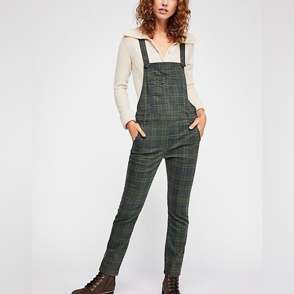Free People Green Washed Plaid Tartan Denim Skinny Slim Overalls